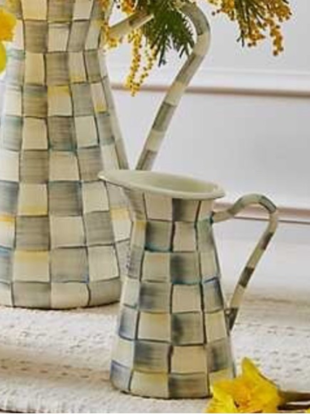 MacKenzie-Childs Checked Enamel Pitcher in Cream and Gray Sterling pattern NWT - Picture 3 of 12